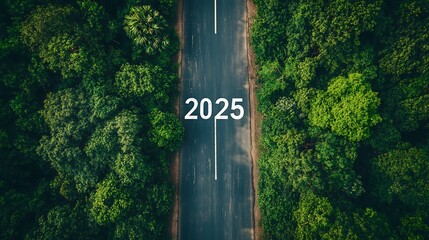 Road to 2025 Surrounded by Lush Forest, Aerial view of a road with 2025 painted on it, surrounded by lush green forest