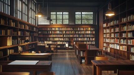 Wide view of a vintage study room with rows of bookshelves and elegant dark wood finish
