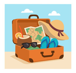 Vacation Travel Essentials Suitcase with Beach Accessories Illustration. Summer Trip Vector Open Luggage with Travel Items and Coconut Drink. Cartoon Beach Holiday Packing Sunglasses, Map, Flip-Flops.