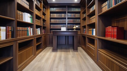 Wide view of a vintage study room with rows of bookshelves and elegant dark wood finish