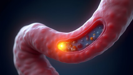 A ureteral cancer glowing brown/blue with stone association. Perfect for chronic irritation studies.