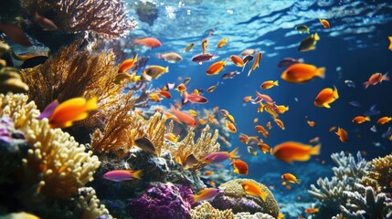 Fototapeta premium Colorful fish swimming around coral reefs in the ocean water
