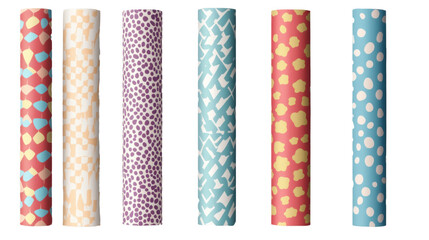 Colorful Pattern Rolls: An array of cylindrical rolls of decorative paper or fabric, each adorned with a unique and vibrant pattern, arranged side by side
