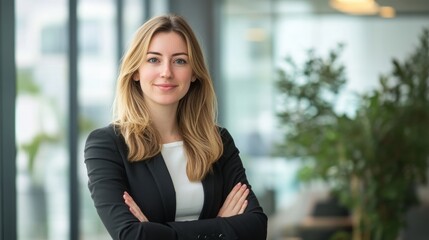 Professional Businesswoman with Confident Expression and Folded Arms in a Modern Office Environment