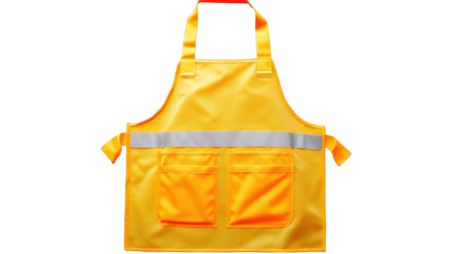 Yellow Work Apron with Pockets: A vibrant yellow work apron, featuring two lower pockets and a reflective strip across the waist, providing both practicality and safety.