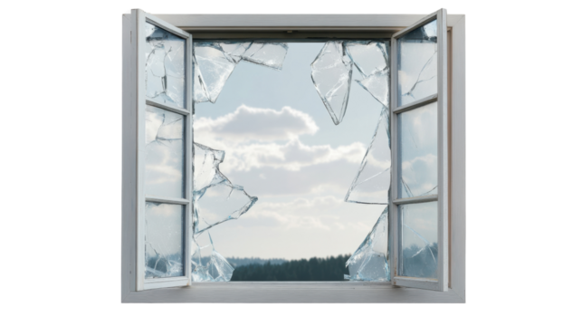 Shattered View: A broken window frame provides a poignant framing to the natural world, conveying the themes of chaos and fragility. The broken pane creates a new view of nature.