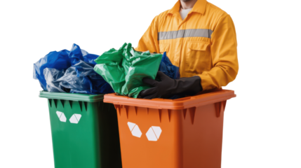 Sorting for Sustainability: A worker manages recycling bins, showcasing the dedication to environmental responsibility through proper waste management and waste reduction.