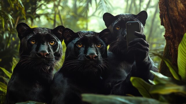 Three black panthers taking a selfie in lush jungle