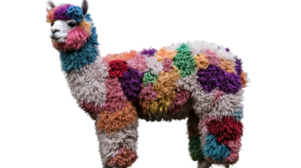 Colorful Alpaca Displaying: A whimsical, vibrant alpaca stands in a field of colors, its unique, eye-catching fleece a testament to creative artistry and the beauty of nature. 