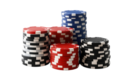 Poker Chips in the Spotlight: A colorful stack of poker chips, ready to be played. Red, black, and blue casino chips await the thrill of the game.