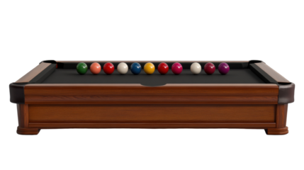 Pool Table Display: A meticulously arranged display of pool balls on a classic pool table with a dark felt surface, showcasing the elegance of the game.