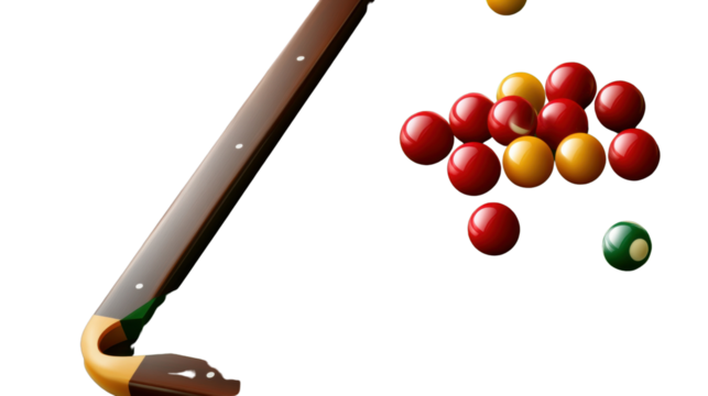 Snooker Game Setup: A close-up shot of a snooker table, featuring the cue stick, a rack of balls, and the green baize table surface. The red balls are arranged in a triangle.