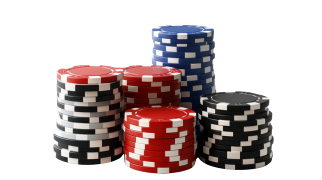 Poker Chips in the Spotlight: A colorful stack of poker chips, ready to be played. Red, black, and blue casino chips await the thrill of the game.