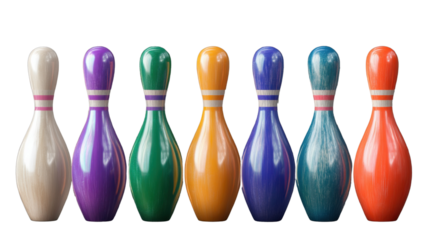 Strike Zone Spectacle: A vibrant array of colorful bowling pins stand in perfect formation, ready for action. capturing the playful spirit of a classic pastime.