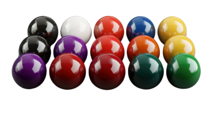 Cue Ball Composition: A vibrant collection of billiards balls, each reflecting a unique color. A dynamic array of the game balls, capturing the essence of focus and competition. 
