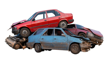 Naklejka premium Collision Chaos: An accident site showcasing a collection of wrecked cars, mangled metal, reflecting the aftermath of collisions and destruction, while evoking feelings of disaster.