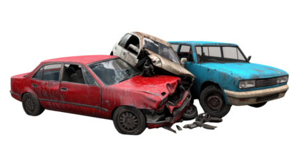 Collision Scene: A dramatic collision involving multiple vehicles, showcasing the aftermath of an accident, with mangled metal and scattered debris.