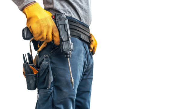 Handy Workman: A skilled workman, ready for action, stands poised with his drill in hand, clad in work attire and safety gloves, epitomizing the precision and dedication of the building trades.