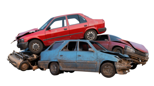 Collision Chaos: An accident site showcasing a collection of wrecked cars, mangled metal, reflecting the aftermath of collisions and destruction, while evoking feelings of disaster.