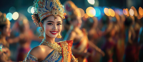 thai woman in traditional dress with slim body dancing at night show on blurred background, beautiful asian girl, thailand, songkran, khon, lakhon, fawn, li-khe, ram wong, nang talung
