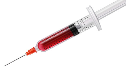 Fototapeta premium Syringe with Red Liquid: A close-up of a clear syringe filled with a bright red liquid, representing healthcare, medicine, and the vital fluids of the human body.