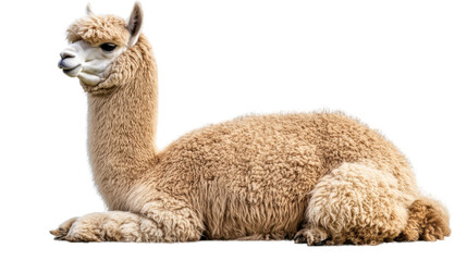 Serene Alpaca's Relaxation: A close-up image showcases a beige alpaca in a tranquil repose. The fluffy coat is detailed, the posture is relaxed, capturing a moment of calm.