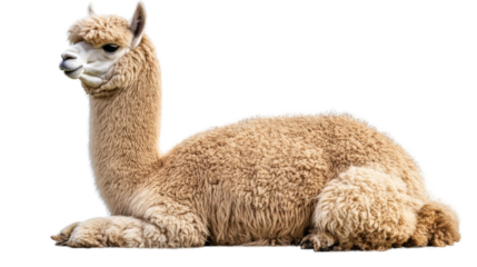 Serene Alpaca's Relaxation: A close-up image showcases a beige alpaca in a tranquil repose. The fluffy coat is detailed, the posture is relaxed, capturing a moment of calm.