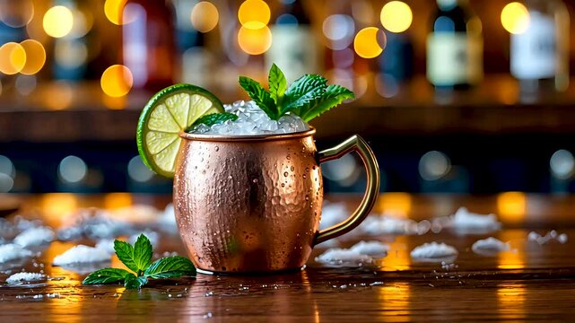 Refreshing Moscow mule cocktail in copper mug with mint and lime at bar