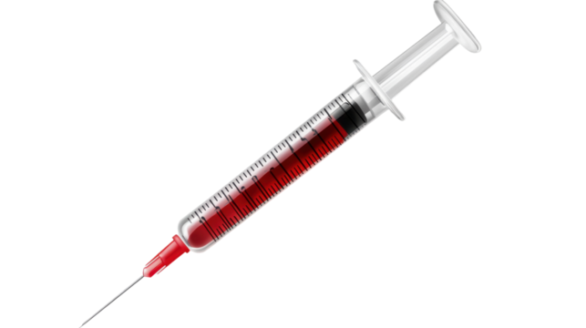 Syringe with Blood Sample: A close-up shot of a medical syringe filled with a blood sample, highlighting the needle and the markings on the barrel.