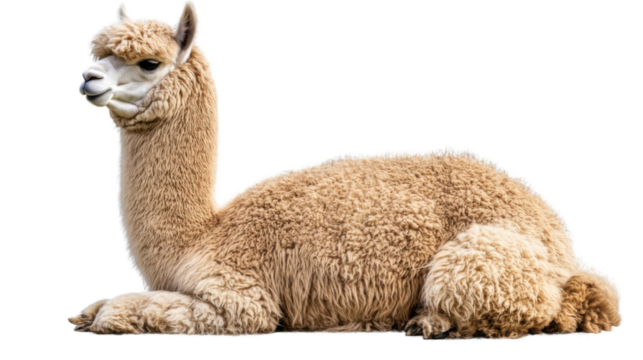 Serene Alpaca's Relaxation: A close-up image showcases a beige alpaca in a tranquil repose. The fluffy coat is detailed, the posture is relaxed, capturing a moment of calm.