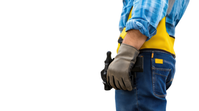 Construction Worker: Close-up view of a construction worker's hands and torso, wearing work gloves and a safety vest. The focus is on the tools held by the worker.  - Powered by Adobe