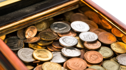 Treasure Trove of Currency: A gleaming collection of coins rests within a decorative wooden chest, a vivid metaphor for wealth, savings, and financial planning.