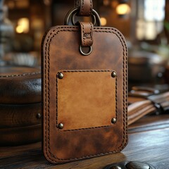 A brown leather tag with stitching and metal hardware details