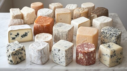 An appealing selection of artisanal cheeses displayed on a marble surface