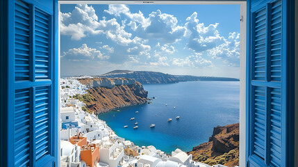 Obraz premium Aegean sea view from blue window