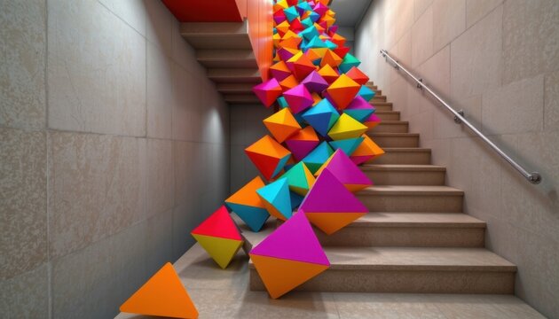 A series of triangles cascading down a virtual staircase, with each shape rotating and overlapping with the one below in a continuous motion.