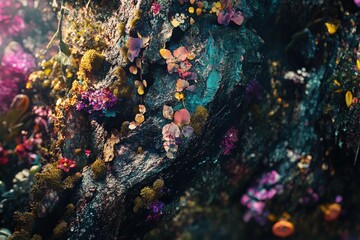 Fototapeta premium Vibrant, textured rock face adorned with colorful flora.