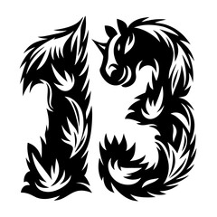 Stylized Number Thirteen Composed of an Ornamental Horse Figure in Black