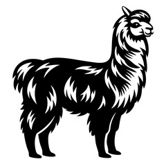 Stylized black and white llama vector illustration standing in profile view