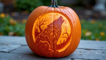 A cleverly designed pumpkin with a carved image of a howling wolf under a full moon, creating a spooky atmosphere for Halloween festivities.