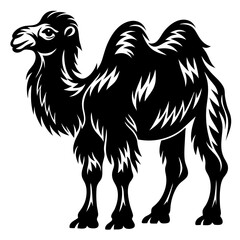 Stylized black and white vector image of a camel with two humps