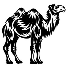 A stylized black and white camel illustration with tribal pattern elements and design