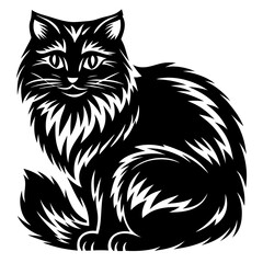 Stylized vector illustration of a fluffy black cat sitting down relaxed