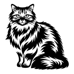 Black and white illustration of a long haired cat sitting down