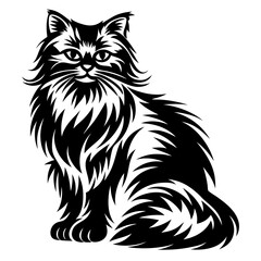 Majestic Fluffy Black Cat Portrait in Bold Graphic Vector Design Style