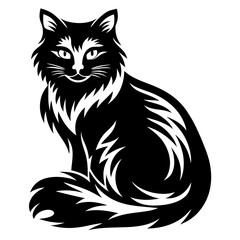 Elegant Black and White Illustration of a Long Haired Cat Sitting Pretty