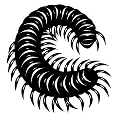 Stylized Black and White Centipede Illustration Curled Up in a Defensive Position