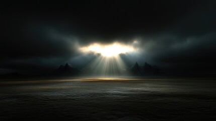 Bat-shaped light piercing dark clouds over mountains