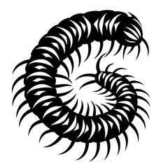 Stylized Black and White Centipede or Millipede with Curled Body