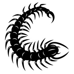 Black and white stylized centipede illustration with many legs and sharp pincers